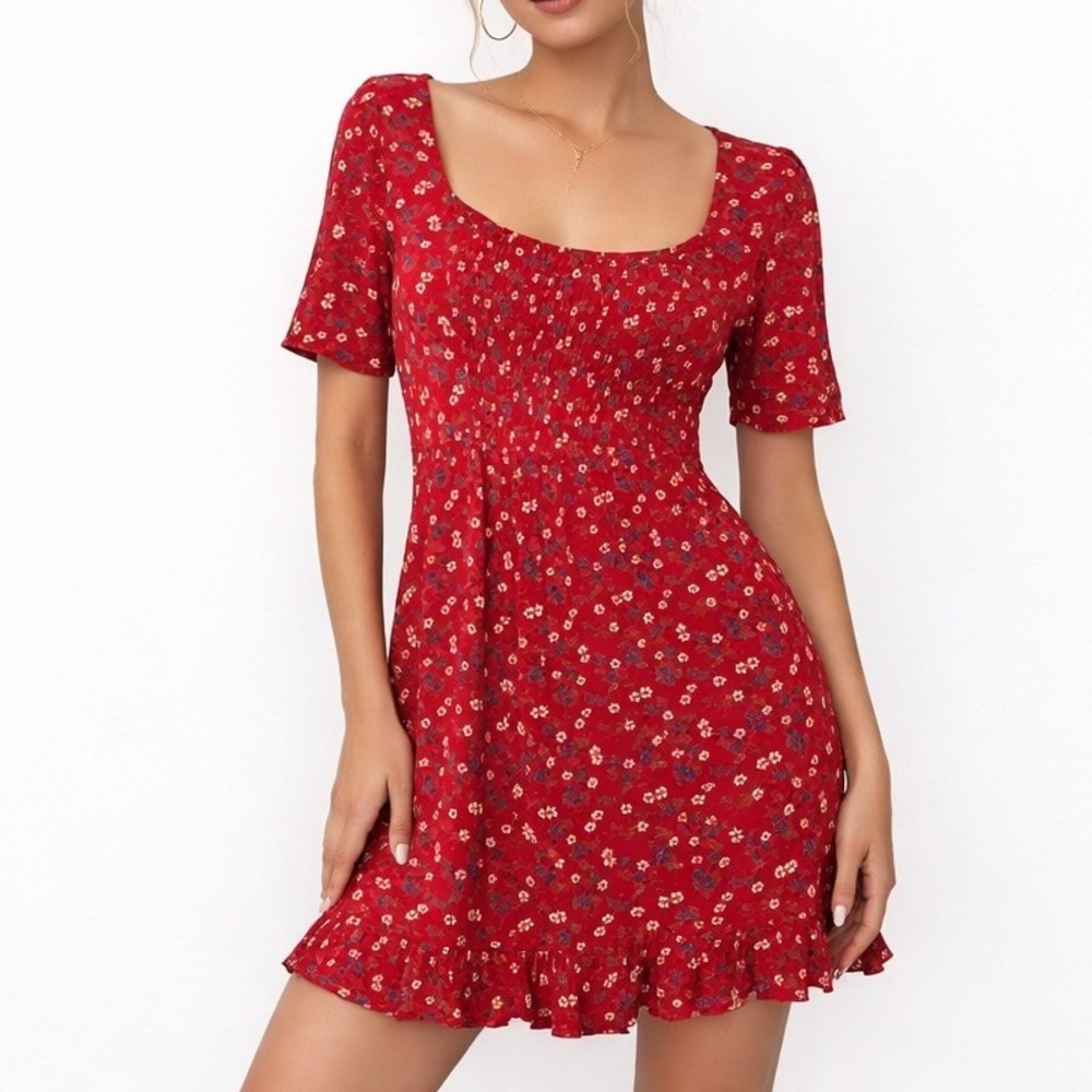 Patrons of Peace Dress Womens M Red Floral Smocked Cottagecore Ruffle Mini Boho